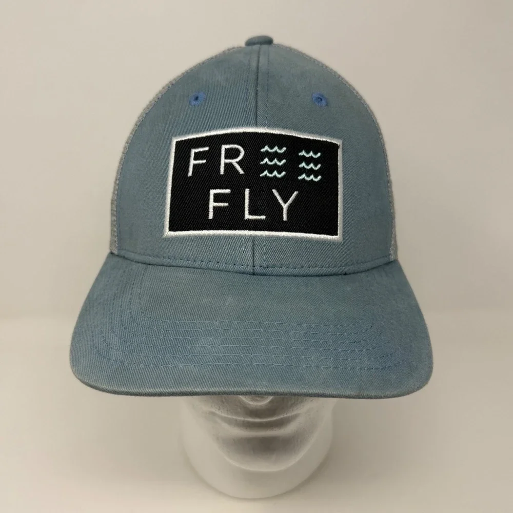 Free Fly Trucker Hat Mens Blue Grey Mesh Snapback Adjustable Logo Patch Cap